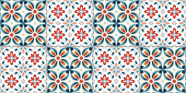 Scandinavian Style Tile Blue and orange colors Ethnic Vector Seamless Floral Pattern for Interior