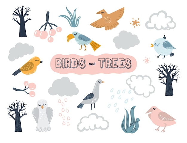 Scandinavian vector set with birds trees and clouds Cartoon cute illustration for kids design