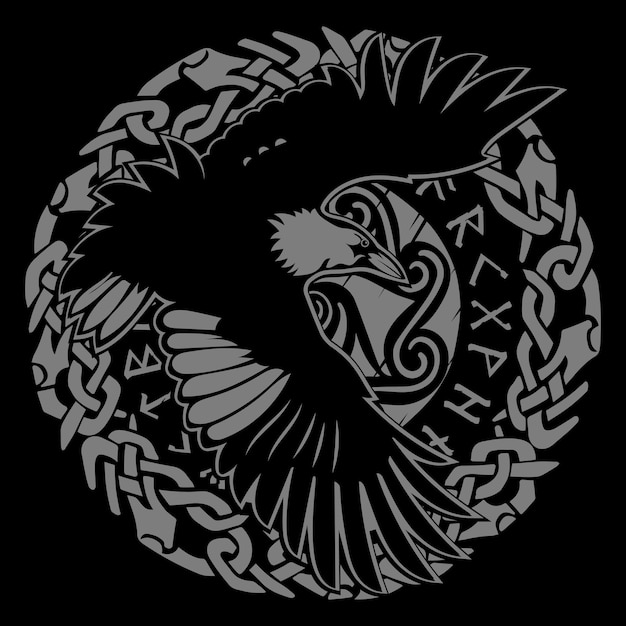 Scandinavian Viking design Black Raven in flight with outstretched wings and Old Norse ornament