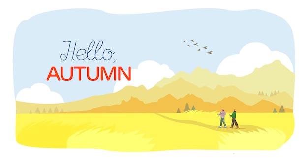 Scandinavian walking in the mountains Girls with sticks walk in the autumn mountains Vector banner