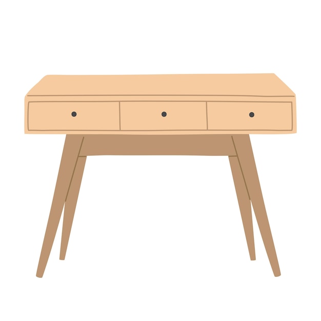 Scandinavian wooden table, modern yellow desk, flat cartoon style. Trendy decoration cozy apartment