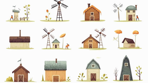 Vector scarecrow in farm with agricultural buildings