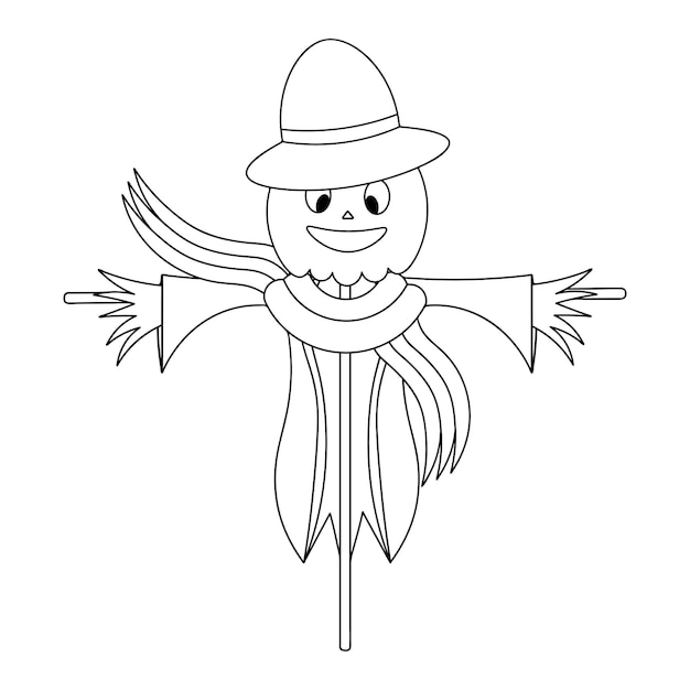 Scarecrow. Scare birds away. Pumpkin on the head. Scarecrow in rags, hat and scarf.  Sketch.