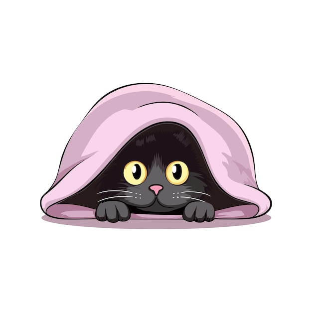 Scared Cat Hiding Under Blanket Flat Vector Illustration with Scared Fearful Pet Kitten