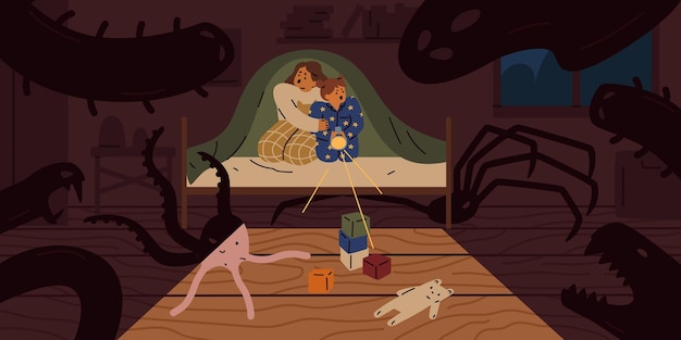 Scared children sit on bed under blanket with flashlight vector flat illustration. Little girls afraid shadow of imaginary ghosts and monsters in bedroom. Concept of kids night nightmare and fears.