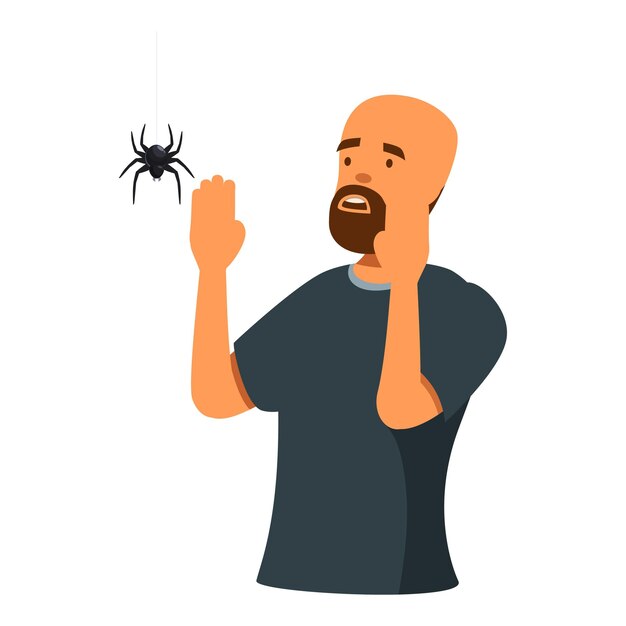 Vector scared man looking at a spider hanging from a thread