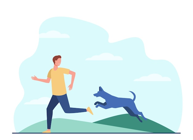 Scared man running away from dog