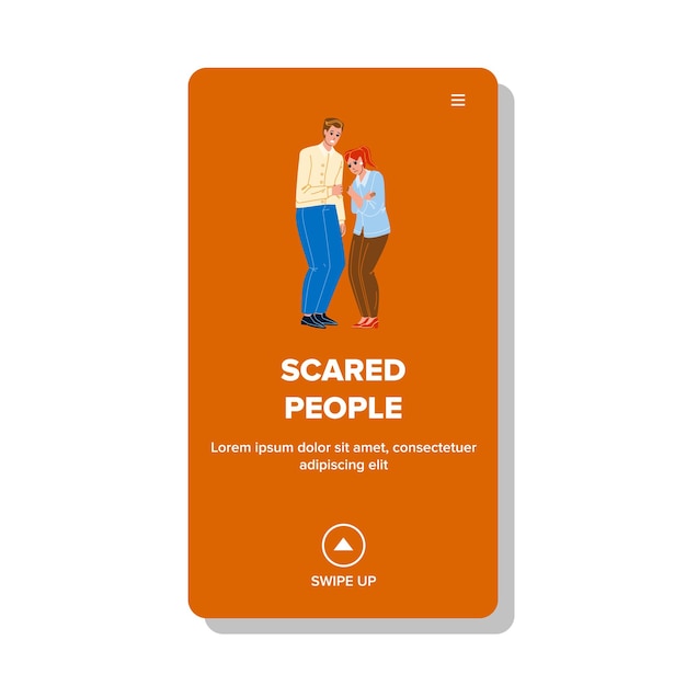 Scared People Couple Terrified In Panic Vector. Scared People Man And Woman Watching Scary Movie Or Dangerous Panic Situation. Frightened Fear Characters Web Flat Cartoon Illustration