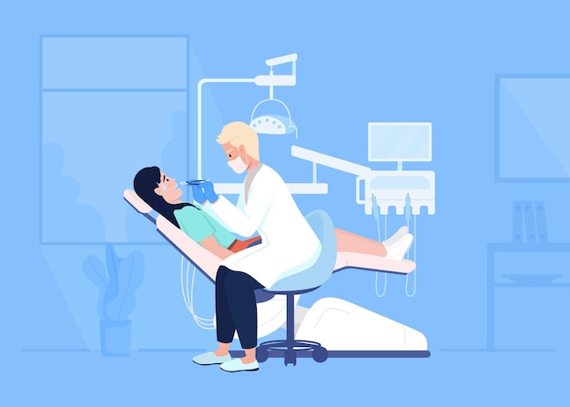 Scared woman in dentist chair during examination flat color vector illustration