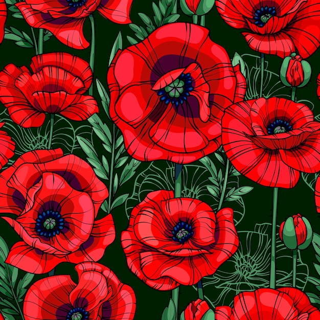 Scarlet red poppies seamless vector pattern