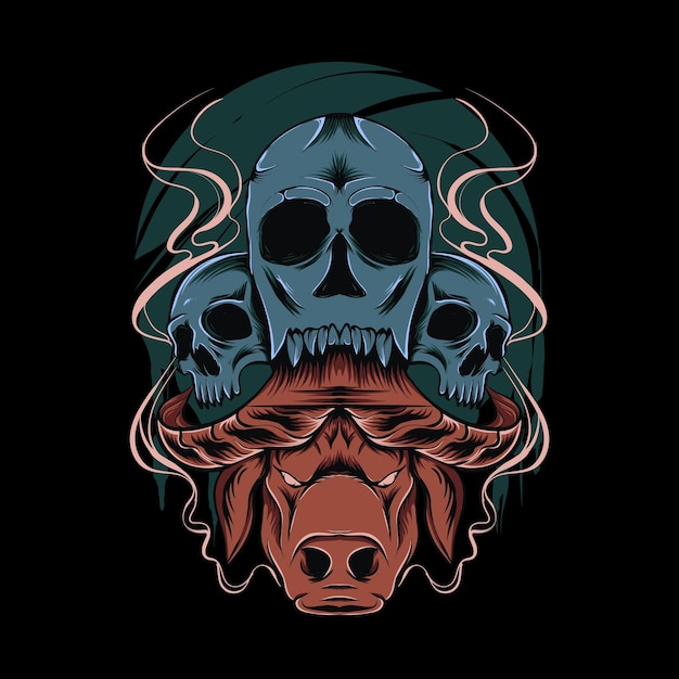 scary buffalo head and skull illustration for tshirt design and print