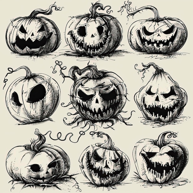 Scary carved Halloween pumpkins Hand drawn