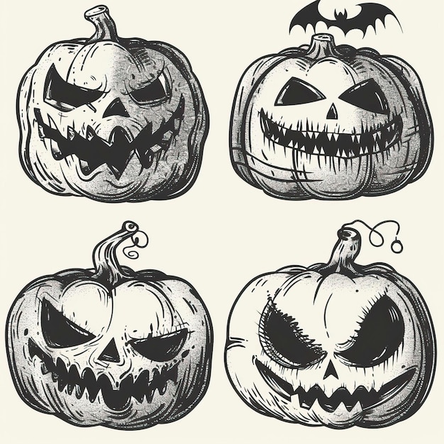 Scary carved Halloween pumpkins Hand drawn