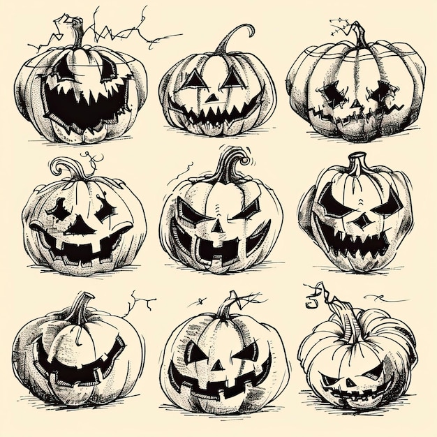 Scary carved Halloween pumpkins Hand drawn