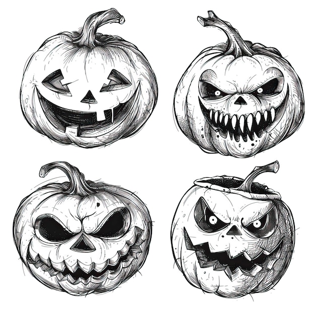 Scary carved Halloween pumpkins Hand drawn