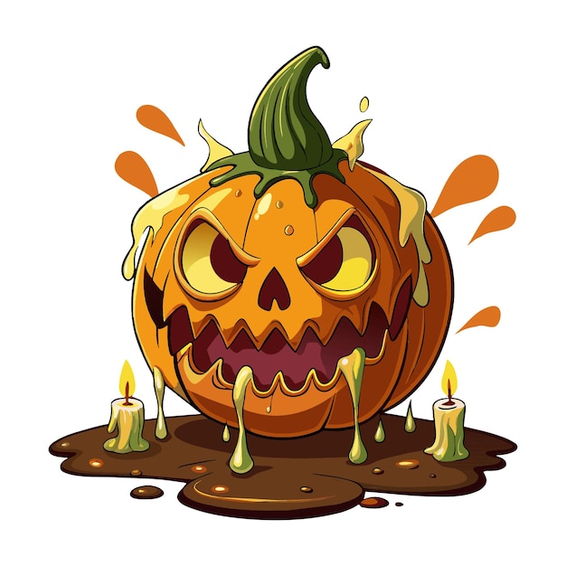 Vector scary creepy halloween pumpkin with old melted candles illustration on white background sticker