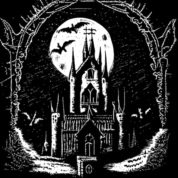 Vector a scary dark gothic vampire castle in front of moon tshirt design vector illustration engraving