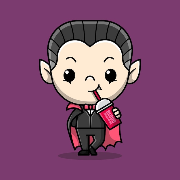 SCARY DRACULA IS DRINKING A CUP OF BLOOD CARTOON ILLUSTRATION