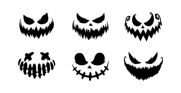 Scary faces of Halloween pumpkin or ghost . Brush stroke smile. Vector collection.