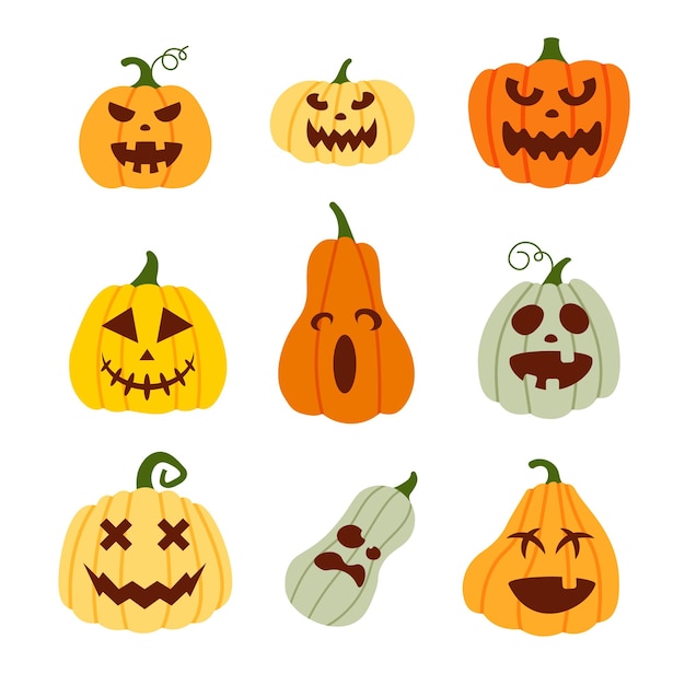 Scary and funny Halloween pumpkin. Cartoon faces and grimaces. Hand drawn pumpkins. Vector.