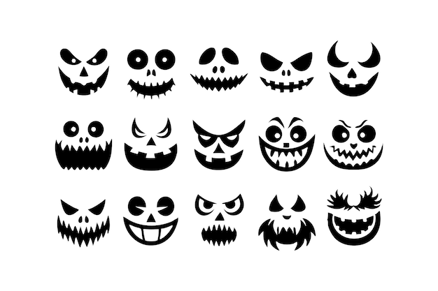 Scary and Funny Halloween Pumpkin and Ghost Faces Vector illustration