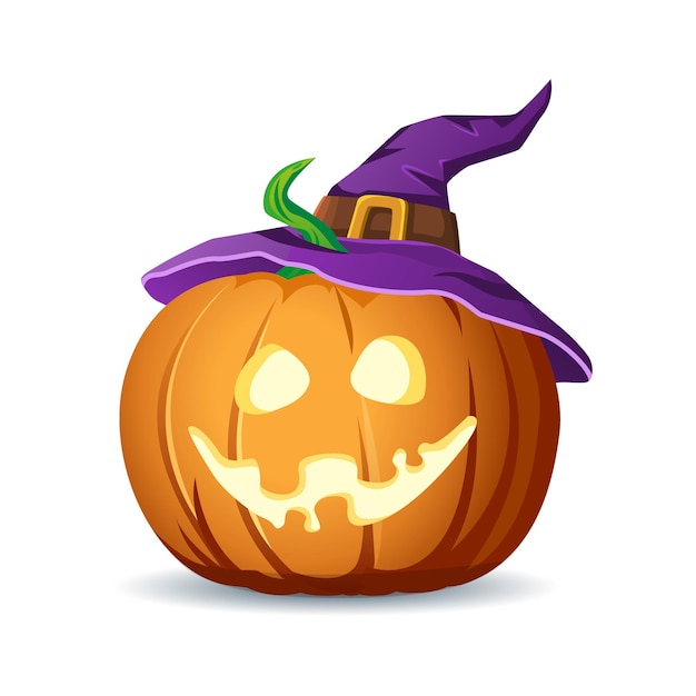 Scary glowing pumpkin in witch hat. Jack lantern with creepy toothy smile and fiery glow inside