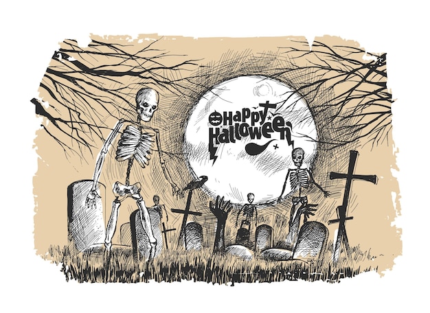 Vector scary graveyard with human skull- halloween background.