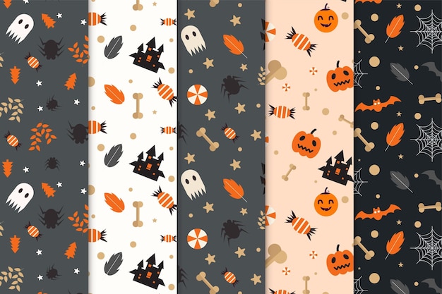 Scary Halloween pattern bundle decoration on white and dark background Spooky Halloween pattern collection with cute pumpkins and ghosts Halloween pattern set for book covers and wallpapers