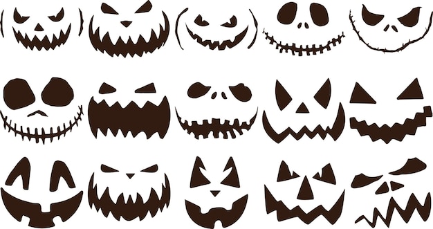 Scary Halloween pumpkin faces icons set on white background. 15 in 1. Vector graphic,