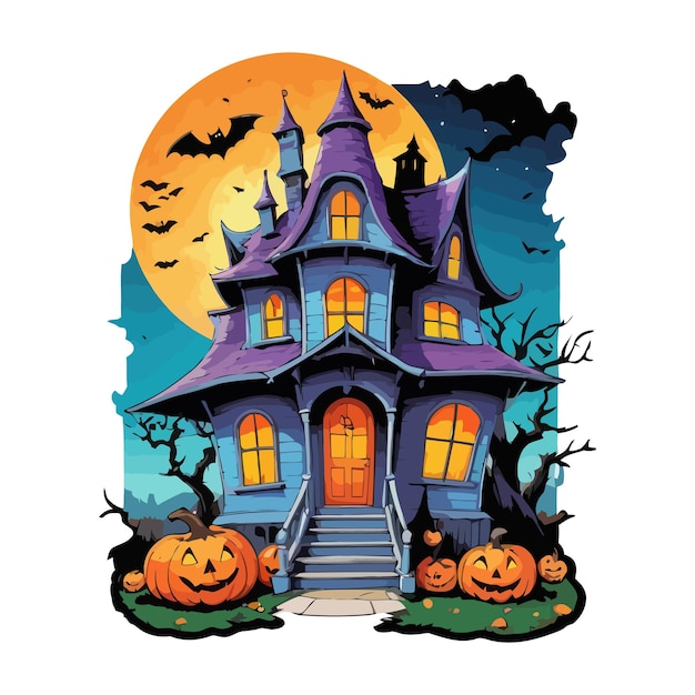 Scary Halloween Spooky House with pumpkins and flying bats at Haunted Night Vector amp illustration