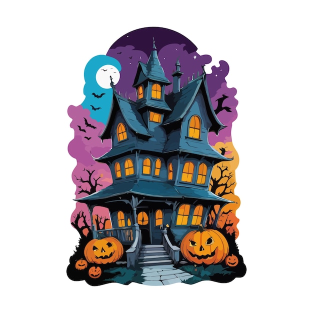 Scary Halloween Spooky House with pumpkins and flying bats at Haunted Night Vector amp illustration