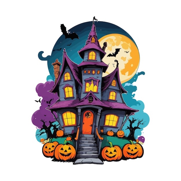 Scary Halloween Spooky House with pumpkins and flying bats at Haunted Night Vector amp illustration