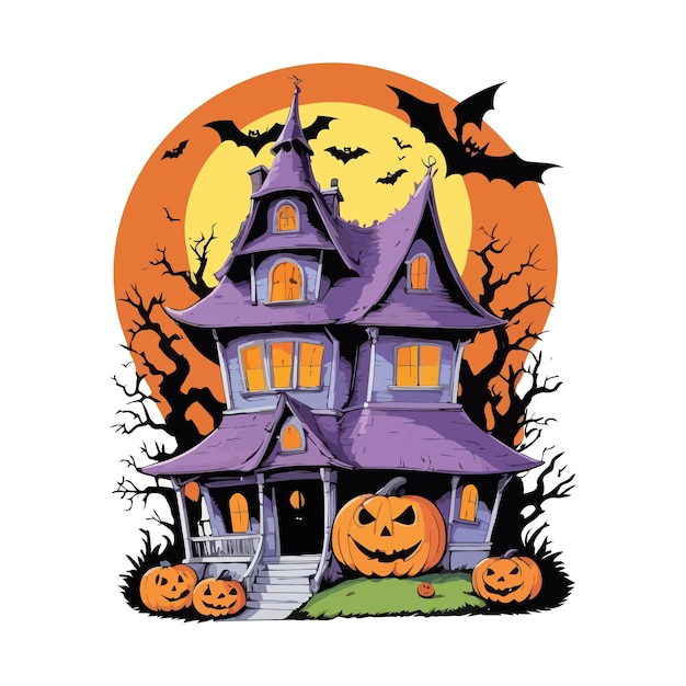 Scary Halloween Spooky House with pumpkins and flying bats at Haunted Night Vector amp illustration