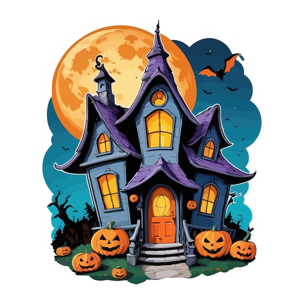 Scary Halloween Spooky House with pumpkins and flying bats at Haunted Night Vector amp illustration