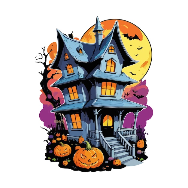 Scary Halloween Spooky House with pumpkins and flying bats at Haunted Night Vector amp illustration