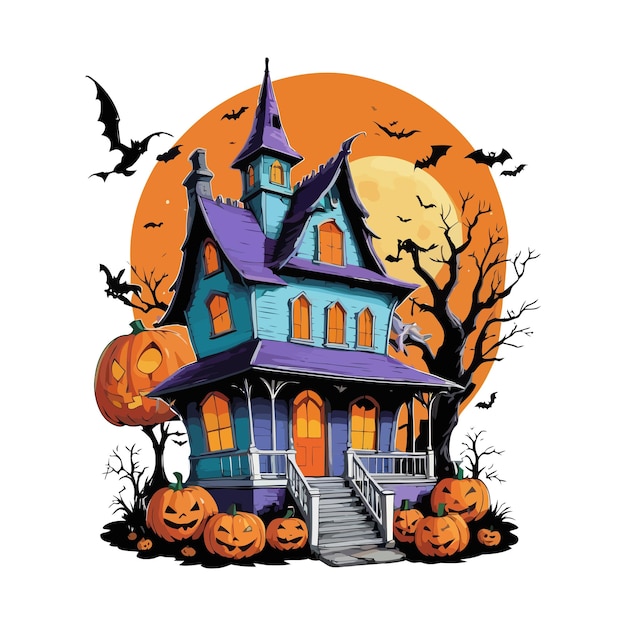 Scary Halloween Spooky House with pumpkins and flying bats at Haunted Night Vector amp illustration