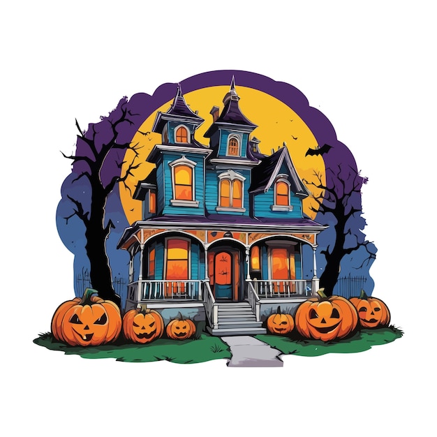 Scary Halloween Spooky House with pumpkins and flying bats at Haunted Night Vector amp illustration