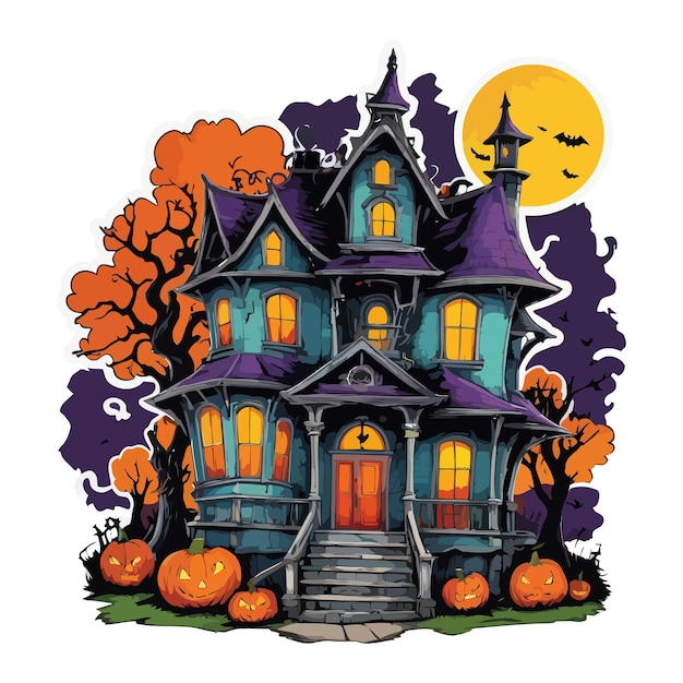 Scary Halloween Spooky House with pumpkins and flying bats at Haunted Night Vector amp illustration