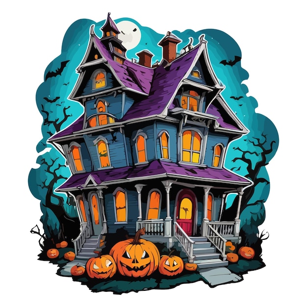 Scary Halloween Spooky House with pumpkins and flying bats at Haunted Night Vector amp illustration