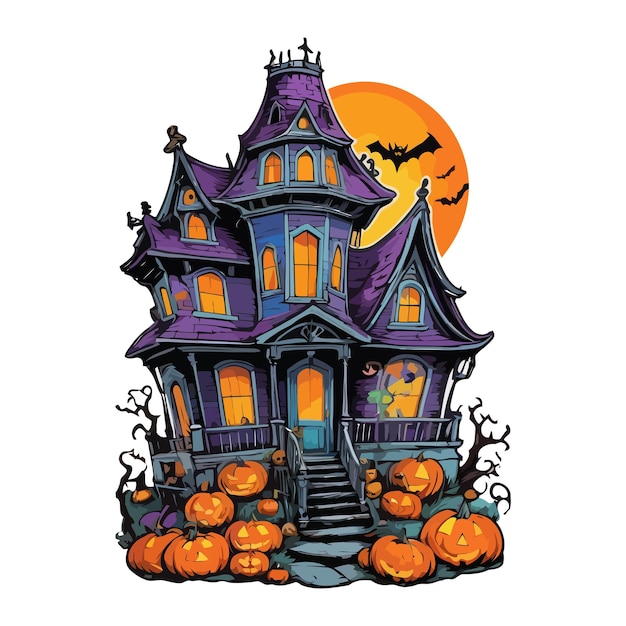 Scary Halloween Spooky House with pumpkins and flying bats at Haunted Night Vector amp illustration