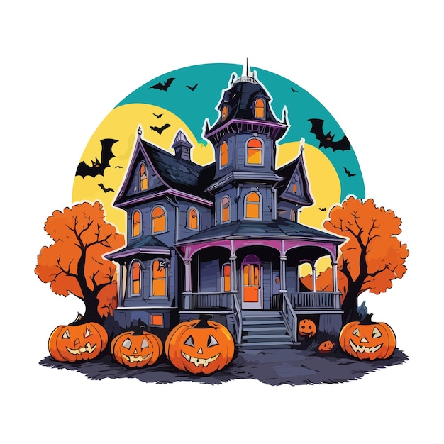 Scary Halloween Spooky House with pumpkins and flying bats at Haunted Night Vector amp illustration