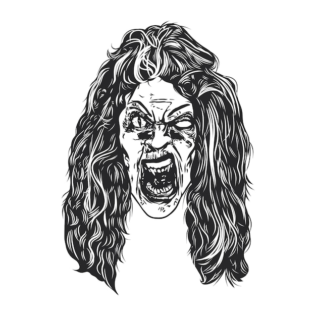 Vector a scary mask with long hair and sharp teeth black and white vector art