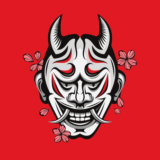 Scary oni japanese demon mask with cherry blossoms