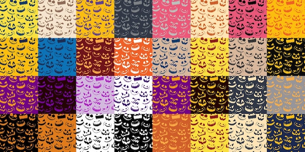 Scary pumpkin faces background. Halloween Symbol. MEGA color vector Pattern SET. 32 in 1,