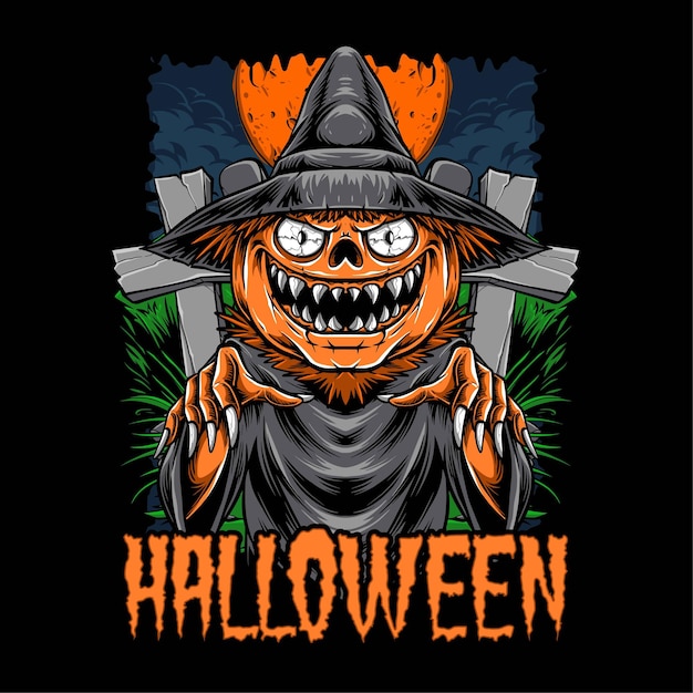 Scary pumpkins scarecrow vector illustration