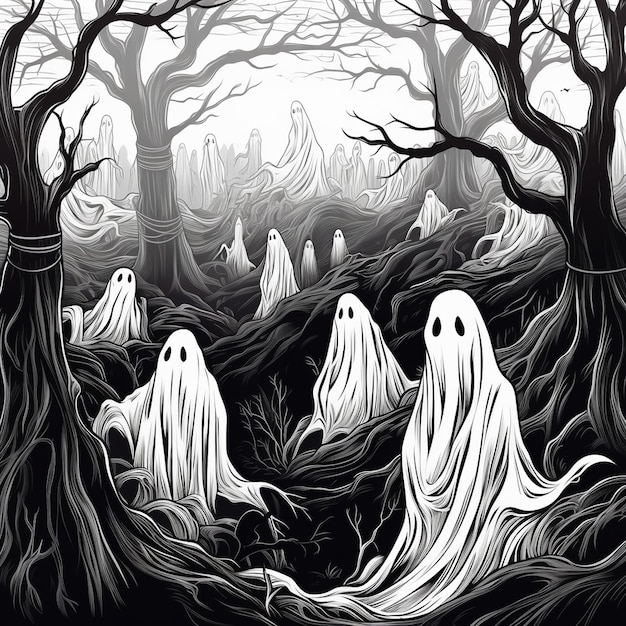 Vector a scary scene with ghost ghosts in the woods