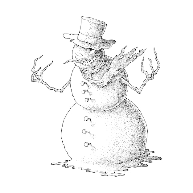 Vector scary snowman hand drawn pointillism illustration