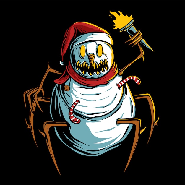 Scary snowman holding torch illustration