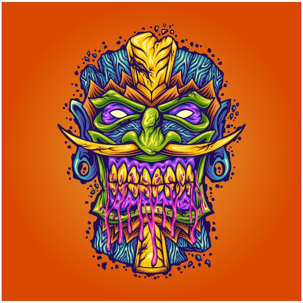 Scary tiki bar mask hawaiian monster illustration