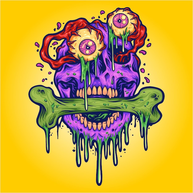 Scary zombie eyeball skull head illustrations